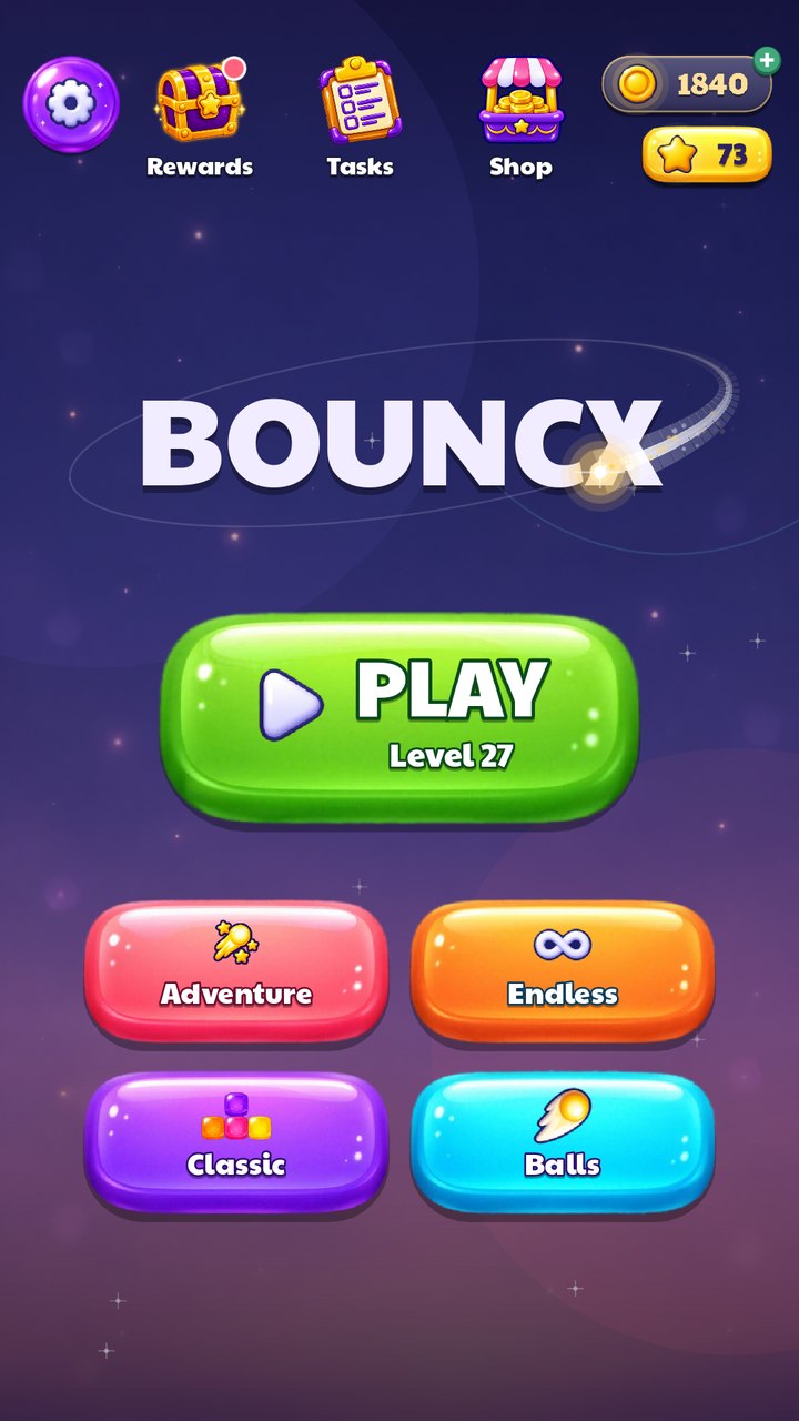 BOUNCX home screen with Play, Adventure, Endless, Classic, Balls, rewards and tasks