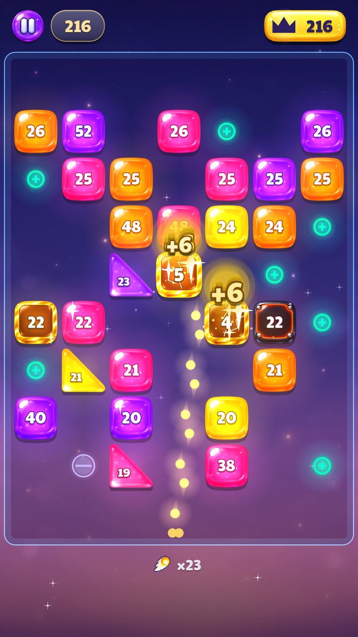 BOUNCX gameplay: a volley of comets breaking colorful numbered blocks
