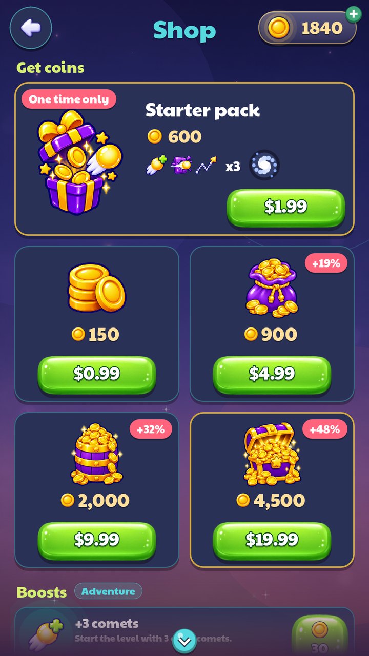Shop with coin packs, the starter pack and boosts