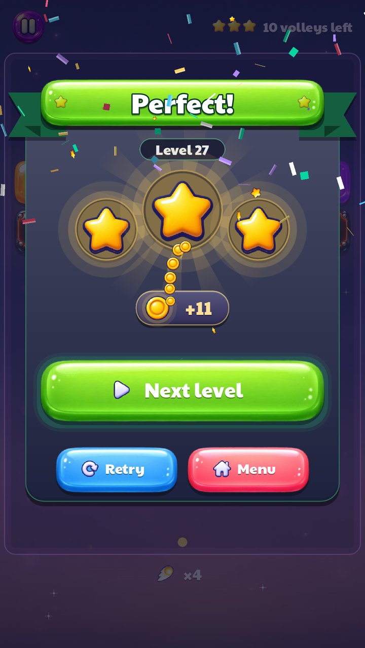 Level complete card with three stars and coins